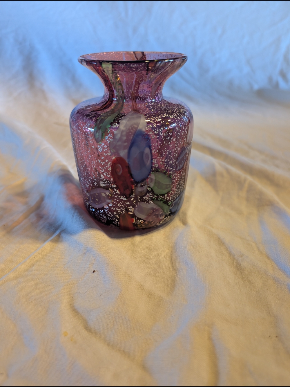 Authentic Murano Purple Art Glass Vase with Multicolor Murrine Accents